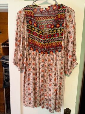 Umgee Blush Floral Dress with Multicolor Embroidered Yoke